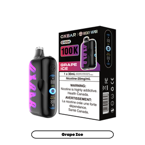 Grape Ice Oxbar Rocky Vapor G100K disposable vape, 100000 puffs, 20mg/mL nicotine, 30mL e-liquid, triple mode, dual mesh coil, LED screen