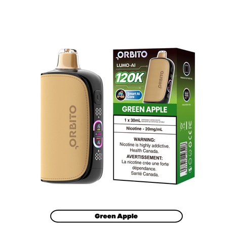 ORBITO LUMO-AI 120K Disposable Vape Green Apple disposable vape with 120,000 puffs and dual mesh coil in Canada