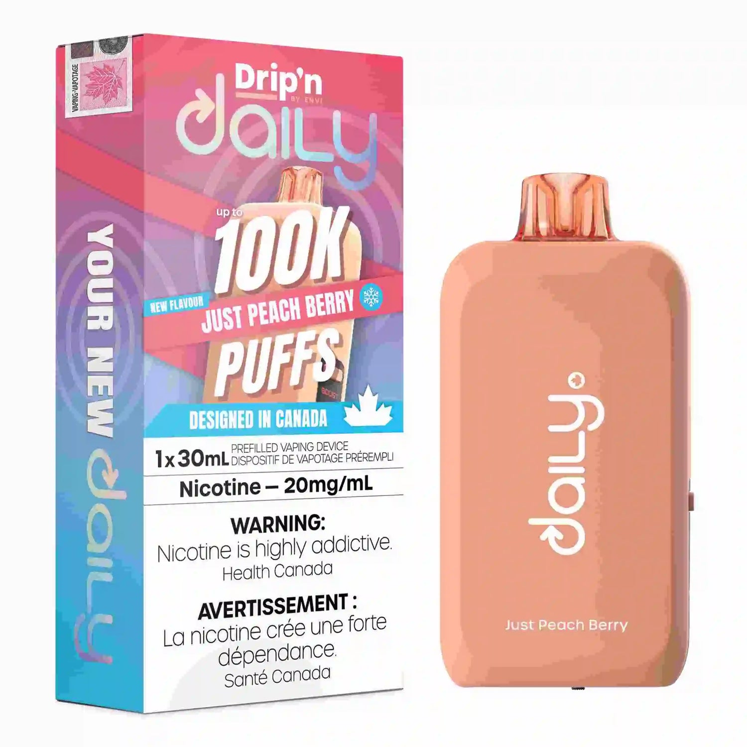 Just Peach Berry Drip’n Daily 30mL Disposable Vape with peach berry flavour and 100,000 puffs