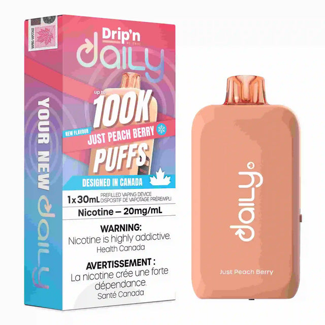 Just Peach Berry Drip’n Daily 30mL Disposable Vape with peach berry flavour and 100,000 puffs