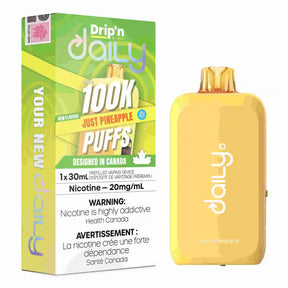 Shop Just Pineapple Drip’n Daily 30mL Disposable Vape in Canada. Pineapple flavour, 100K puffs, 20mg nicotine, and Eco/Boost Mode.