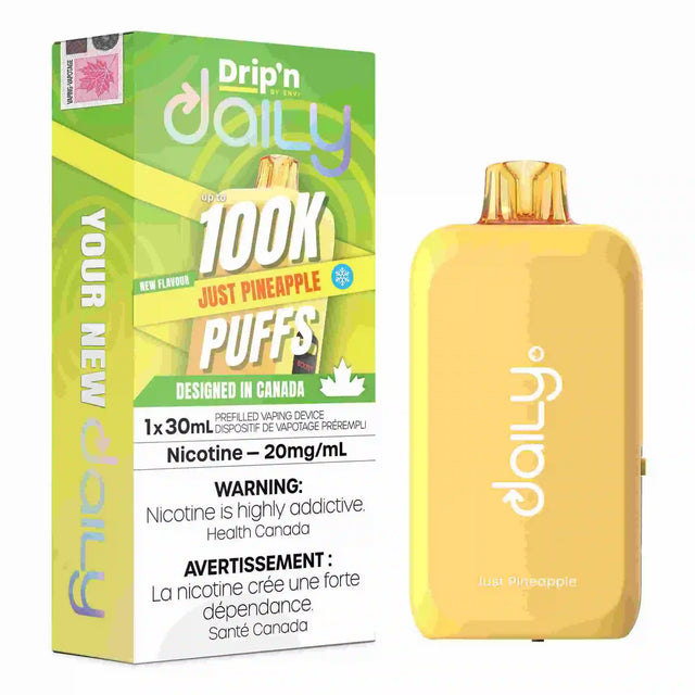 Shop Just Pineapple Drip’n Daily 30mL Disposable Vape in Canada. Pineapple flavour, 100K puffs, 20mg nicotine, and Eco/Boost Mode.