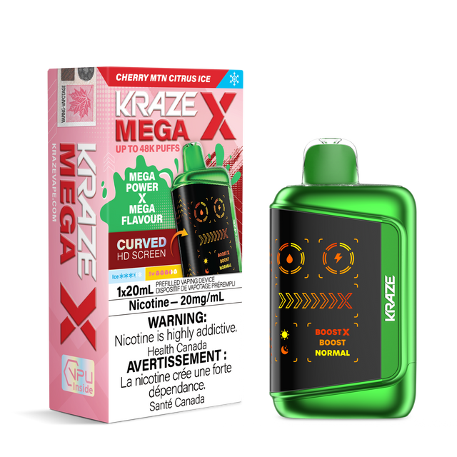 KRAZE MEGA X 48K Disposable Vape Cherry MTN Citrus Ice with cherry and citrus blend, 48,000 puffs, dual mesh coil and Boost X mode