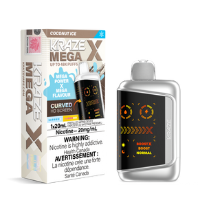 KRAZE MEGA X 48K Disposable Vape Coconut Ice with smooth coconut flavour, light icy finish, 20mL e-liquid and curved HD display