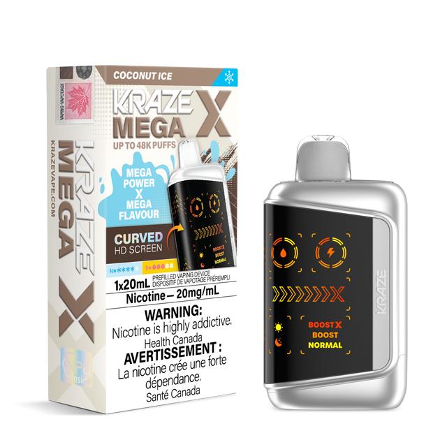 KRAZE MEGA X 48K Disposable Vape Coconut Ice with smooth coconut flavour, light icy finish, 20mL e-liquid and curved HD display