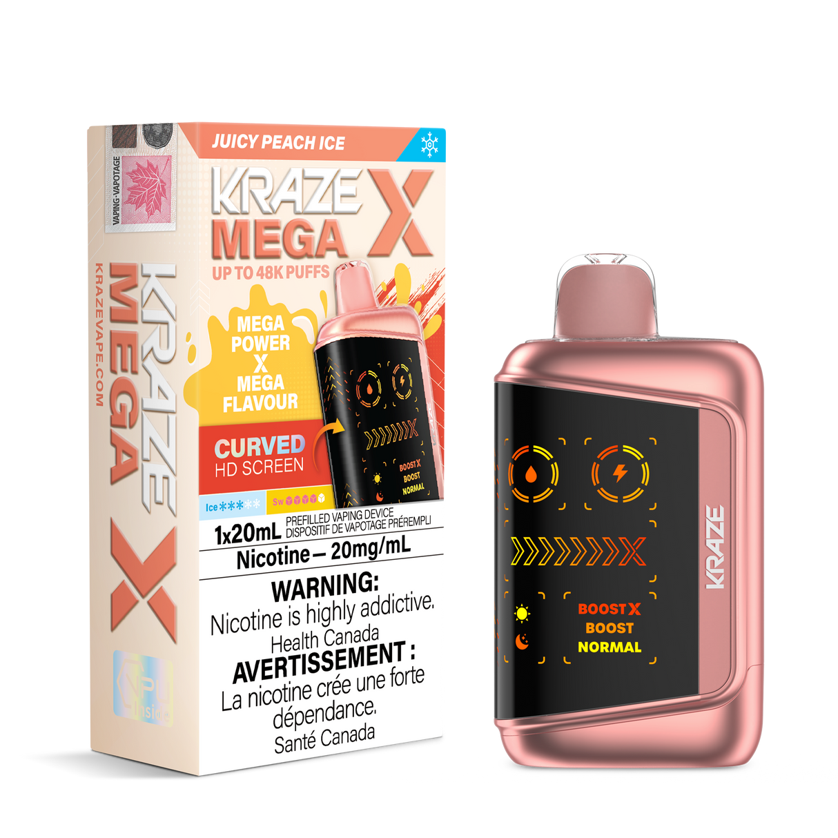 KRAZE MEGA X 48K Disposable Vape Juicy Peach Ice with ripe peach flavour, cooling ice finish, 48,000 puffs and adjustable wattage control