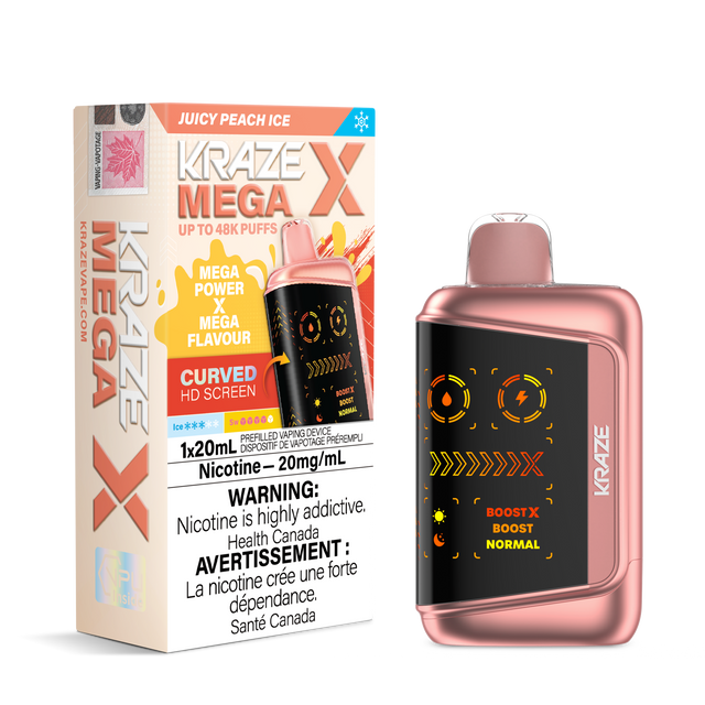 KRAZE MEGA X 48K Disposable Vape Juicy Peach Ice with ripe peach flavour, cooling ice finish, 48,000 puffs and adjustable wattage control