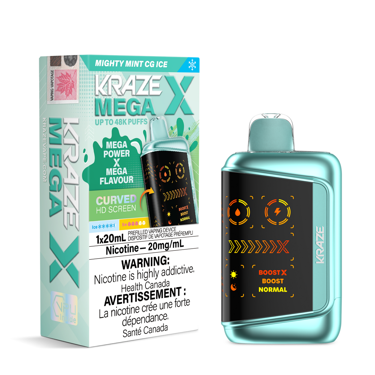KRAZE MEGA X 48K Disposable Vape Mighty Mint CG Ice with bold mint flavour, intense cooling ice, 48,000 puffs and sub-ohm dual mesh coil