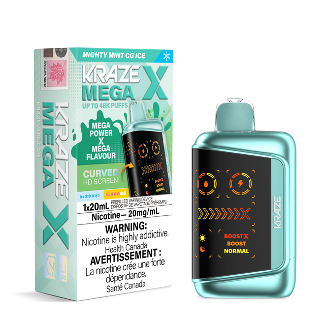 KRAZE MEGA X 48K Disposable Vape Mighty Mint CG Ice with bold mint flavour, intense cooling ice, 48,000 puffs and sub-ohm dual mesh coil