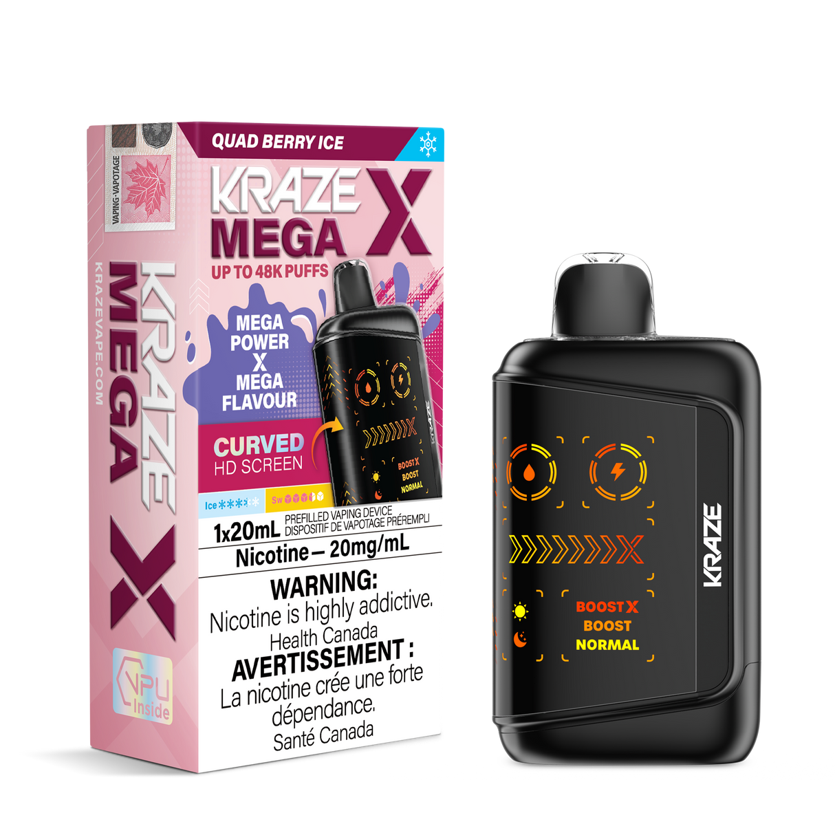 KRAZE MEGA X 48K Disposable Vape Quad Berry Ice featuring mixed berry flavour, 20mL e-liquid, 48,000 puffs and sub-ohm dual mesh coil