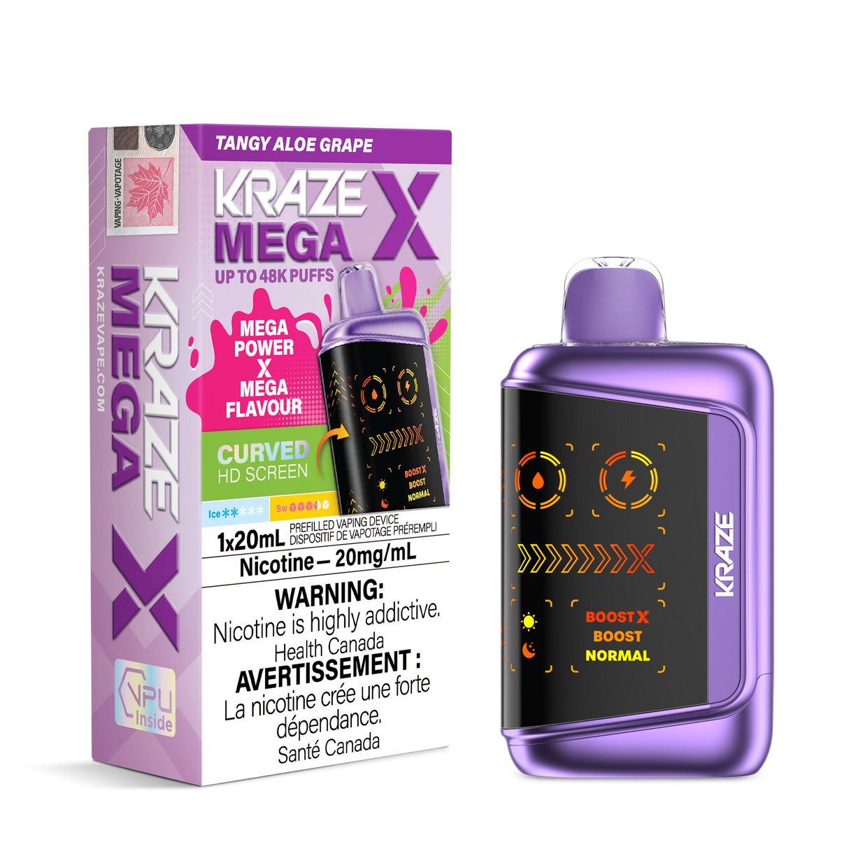 KRAZE MEGA X 48K Disposable Vape Tangy Aloe Grape with smooth grape and aloe flavour, 48,000 puffs, HD screen and adjustable airflow control