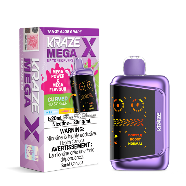 KRAZE MEGA X 48K Disposable Vape Tangy Aloe Grape with smooth grape and aloe flavour, 48,000 puffs, HD screen and adjustable airflow control