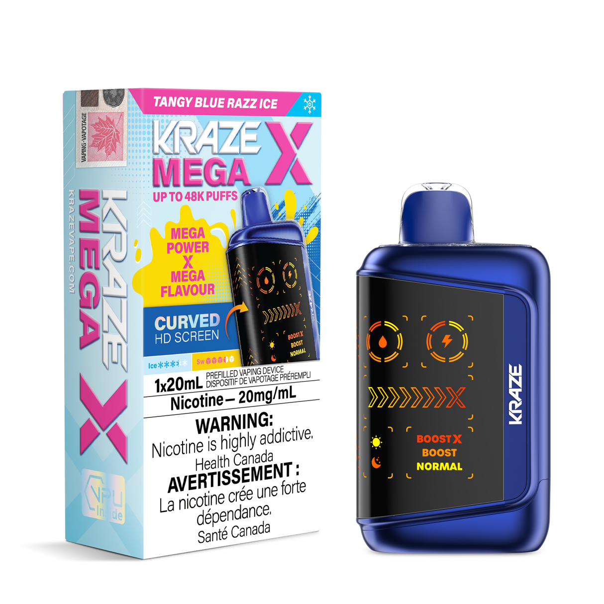 KRAZE MEGA X 48K Disposable Vape Tangy Blue Razz Ice featuring 48,000 puffs, 20mL e-liquid, dual mesh sub-ohm coil and triple power modes
