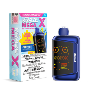 KRAZE MEGA X 48K Disposable Vape Tangy Blue Razz Ice featuring 48,000 puffs, 20mL e-liquid, dual mesh sub-ohm coil and triple power modes