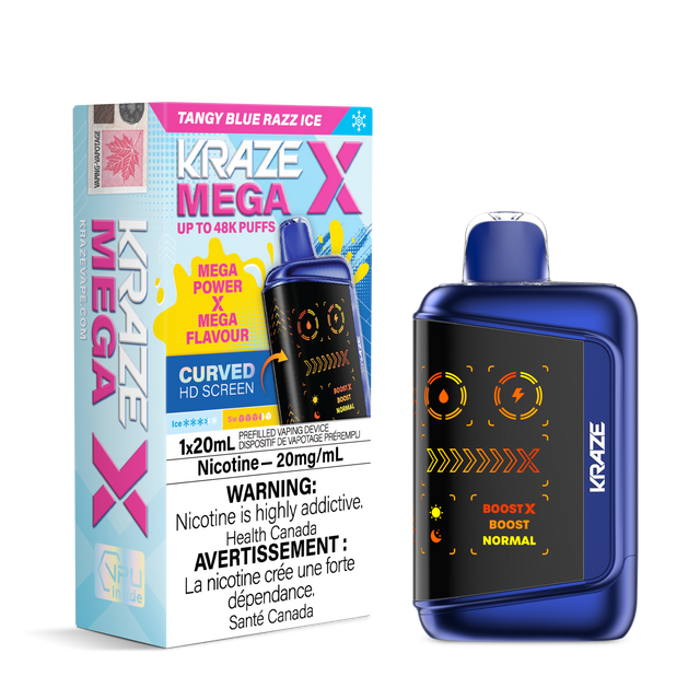 KRAZE MEGA X 48K Disposable Vape Tangy Blue Razz Ice featuring 48,000 puffs, 20mL e-liquid, dual mesh sub-ohm coil and triple power modes