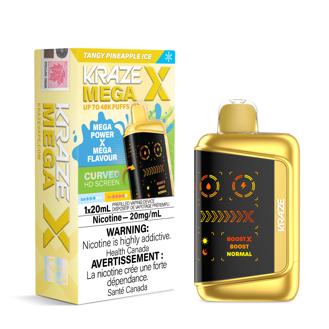 KRAZE MEGA X 48K Disposable Vape Tangy Pineapple Ice with 20mL e-liquid, 48,000 puffs, dual mesh 0.8Ω coil, HD display and adjustable airflow