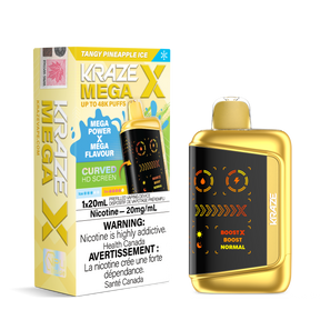 KRAZE MEGA X 48K Disposable Vape Tangy Pineapple Ice with 20mL e-liquid, 48,000 puffs, dual mesh 0.8Ω coil, HD display and adjustable airflow
