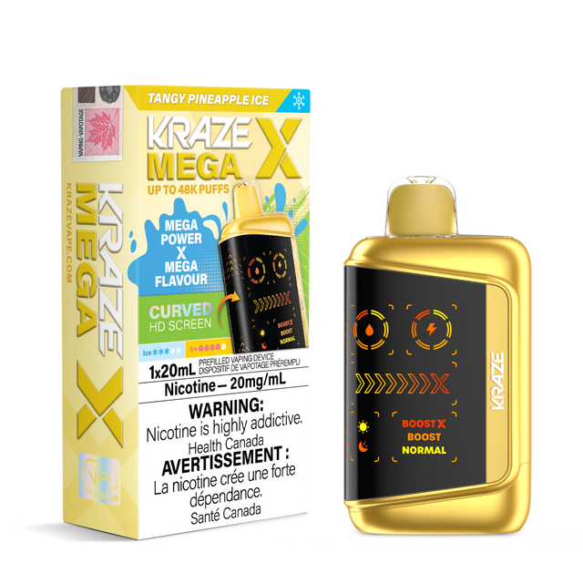 KRAZE MEGA X 48K Disposable Vape Tangy Pineapple Ice with 20mL e-liquid, 48,000 puffs, dual mesh 0.8Ω coil, HD display and adjustable airflow
