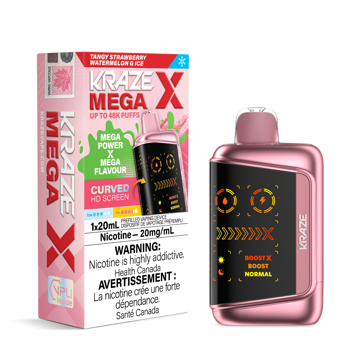 KRAZE MEGA X 48K Disposable Vape Strawberry Watermelon Ice with juicy fruit flavour, 48,000 puffs, dual mesh coil and Boost power modes