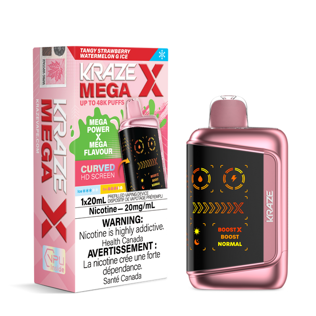 KRAZE MEGA X 48K Disposable Vape Strawberry Watermelon Ice with juicy fruit flavour, 48,000 puffs, dual mesh coil and Boost power modes