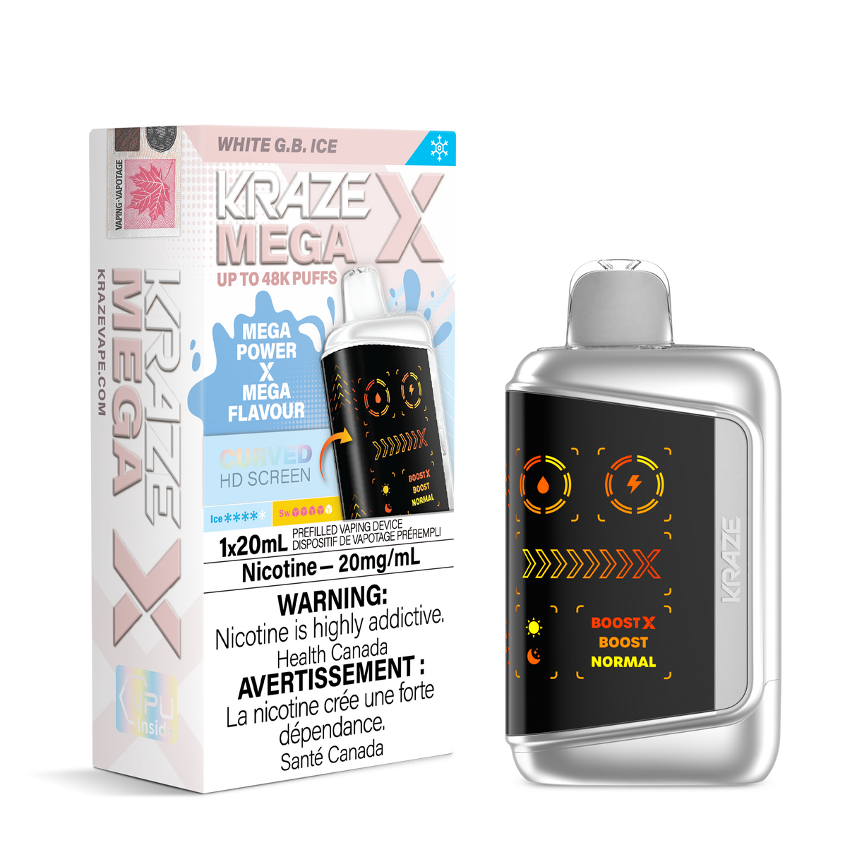KRAZE MEGA X 48K Disposable Vape White G.B with smooth citrus fruit blend, 20mL e-liquid, 48,000 puffs and adjustable airflow