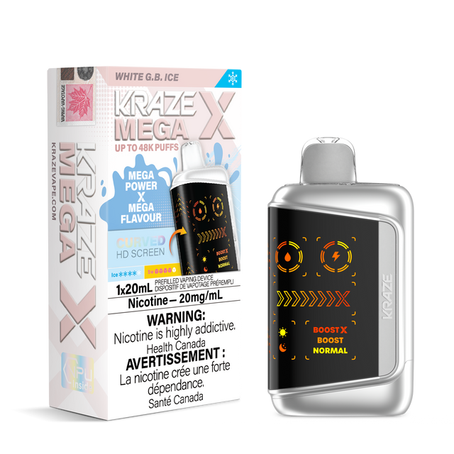 KRAZE MEGA X 48K Disposable Vape White G.B with smooth citrus fruit blend, 20mL e-liquid, 48,000 puffs and adjustable airflow