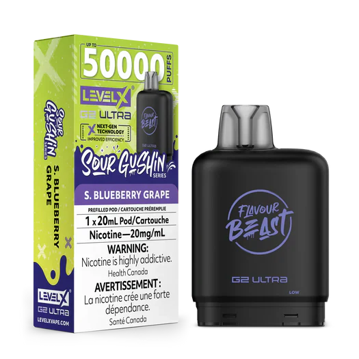 Flavour Beast Level X G2 Ultra 50k Sour Gushin S. Blueberry Grape pod with up to 50,000 puffs and dual mesh coil in Canada