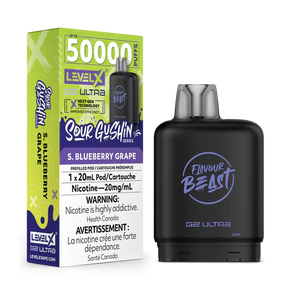 Flavour Beast Level X G2 Ultra 50k Sour Gushin S. Blueberry Grape pod with up to 50,000 puffs and dual mesh coil in Canada