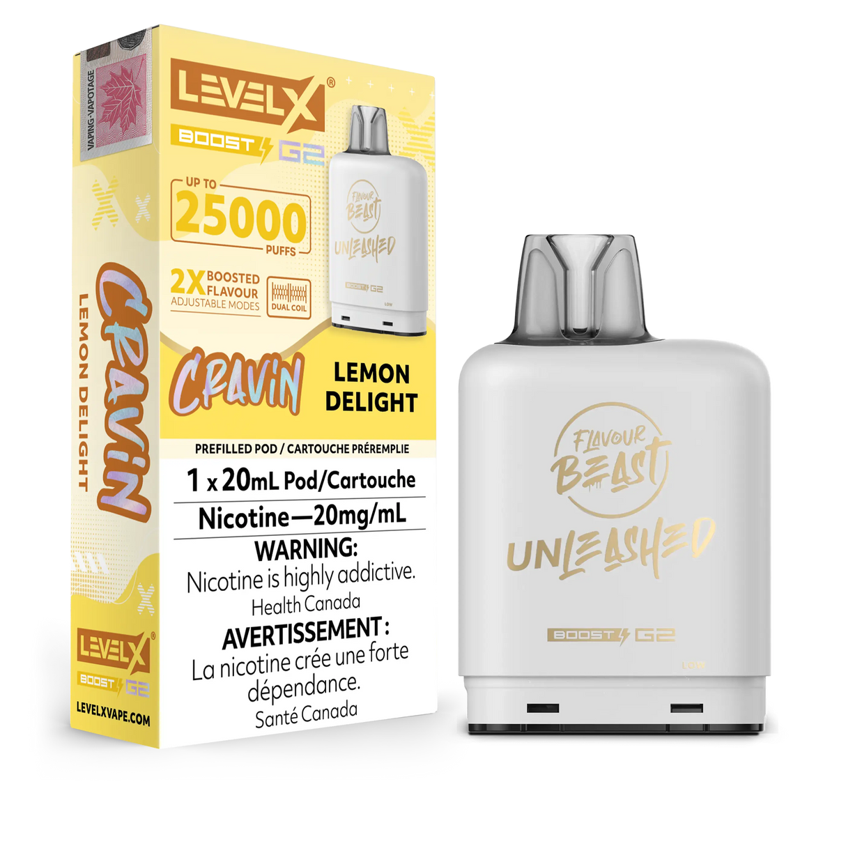 Cravin Lemon Delight Flavour Beast Unleashed Level X Boost G2 Pod - Experience zesty lemon flavor with a creamy finish and 25,000 puffs of delightful vaping.