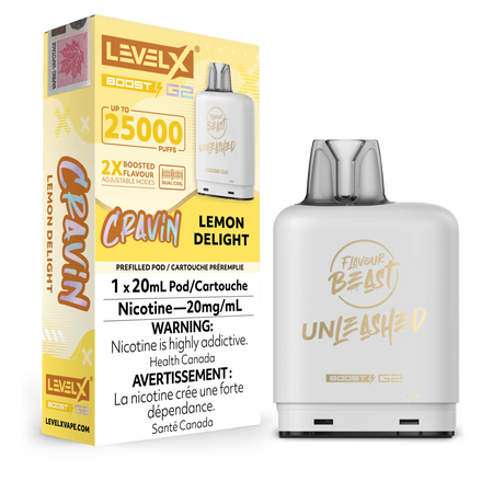 Cravin Lemon Delight Flavour Beast Unleashed Level X Boost G2 Pod - Experience zesty lemon flavor with a creamy finish and 25,000 puffs of delightful vaping.