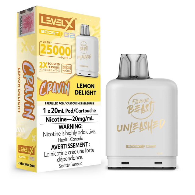 Cravin Lemon Delight Flavour Beast Unleashed Level X Boost G2 Pod - Experience zesty lemon flavor with a creamy finish and 25,000 puffs of delightful vaping.