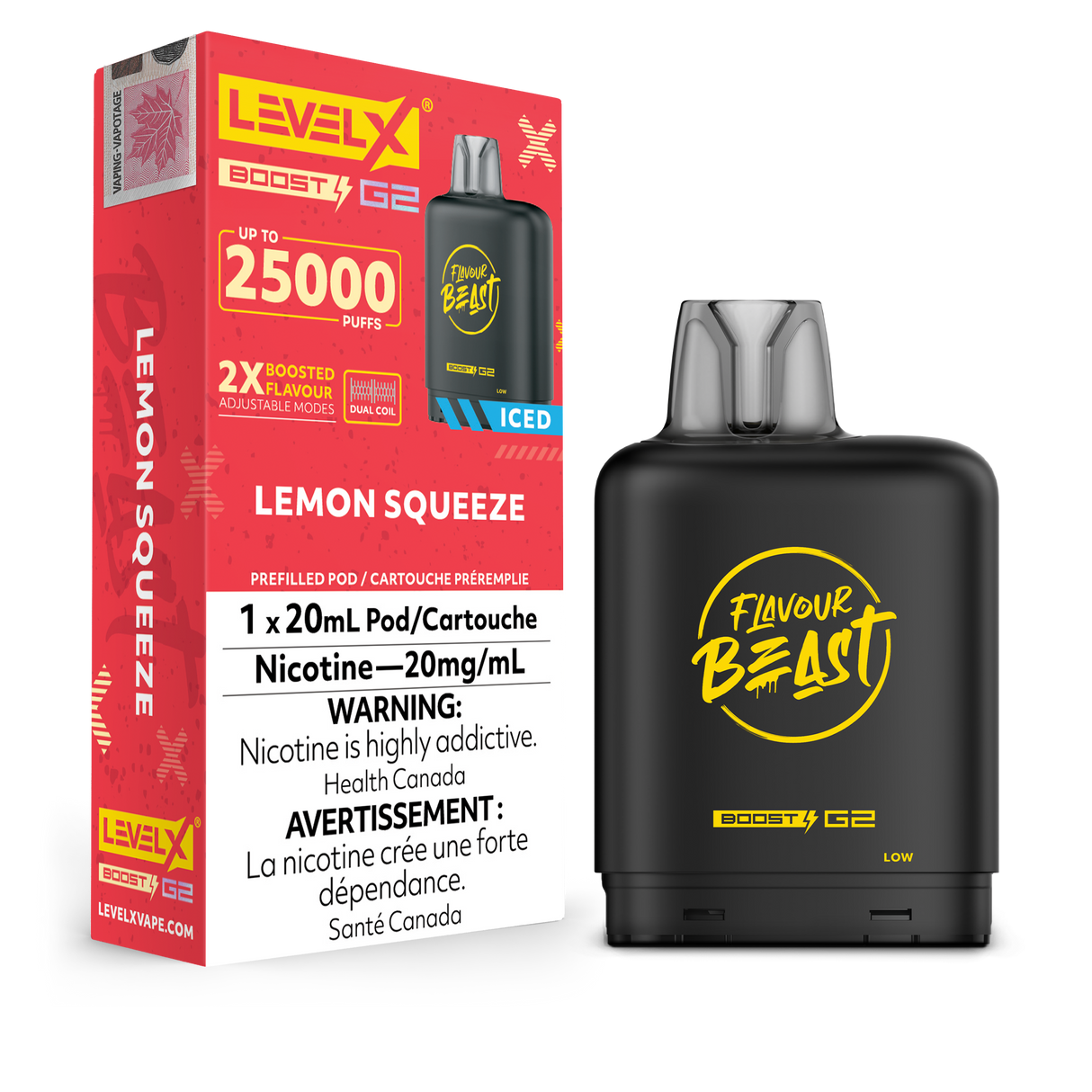 Lemon Squeeze Iced - Flavour Beast 25k Level X Boost G2 Pod - 25000 puffs - 20ml e-liquid - 20mg/ml nicotine