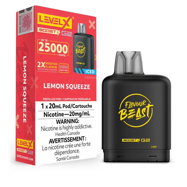 Lemon Squeeze Iced - Flavour Beast 25k Level X Boost G2 Pod - 25000 puffs - 20ml e-liquid - 20mg/ml nicotine