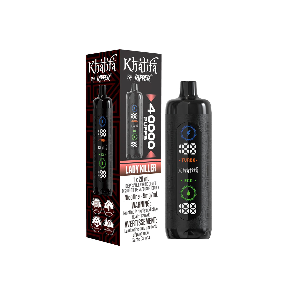 Khalifa Bar by Ripper Lady Killer flavour - tropical fruits with a refreshing mint twist, offering 40,000 puffs of premium hookah vaping experience.