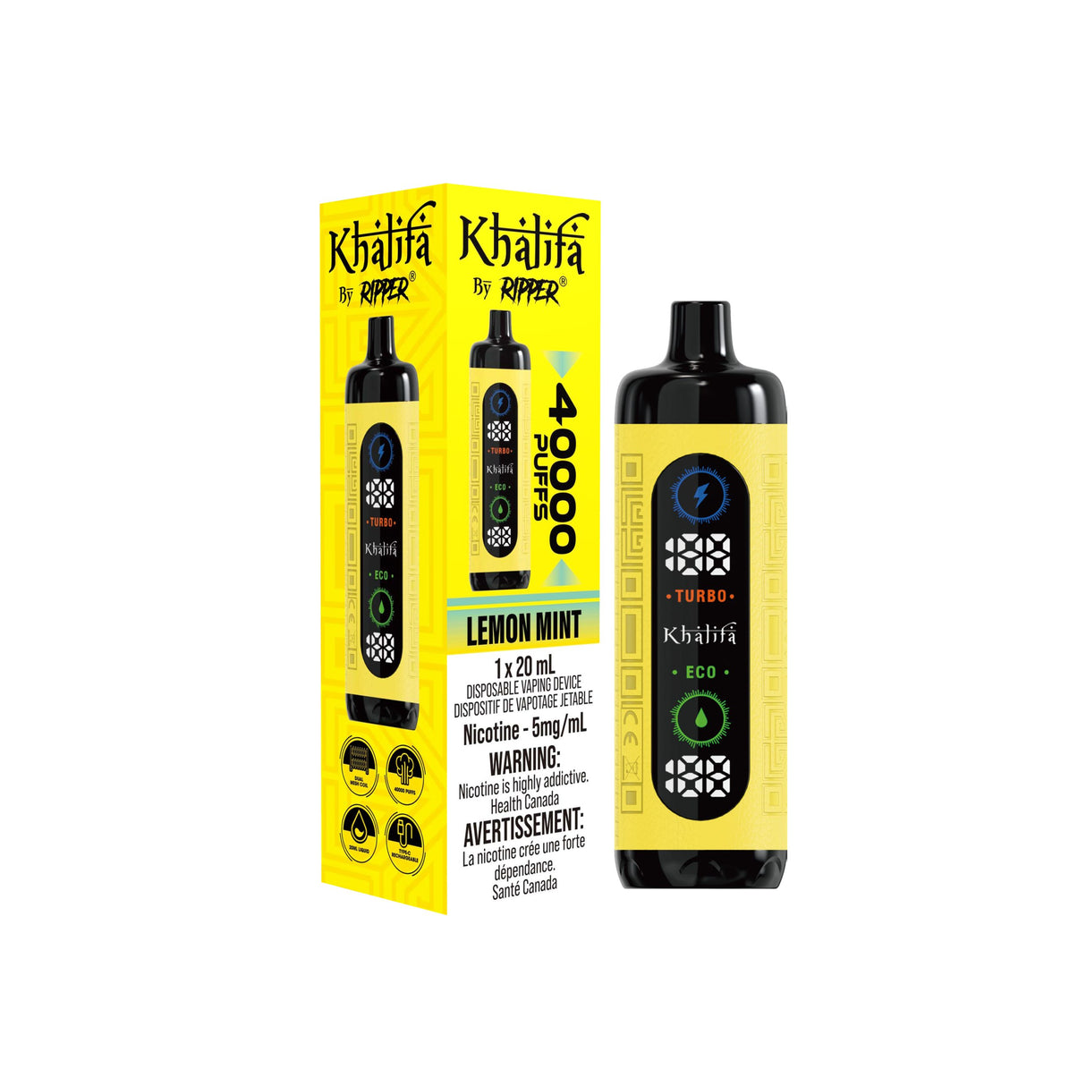 Khalifa Bar by Ripper Lemon Mint flavour - a refreshing combination of lemon and mint, delivering 40,000 puffs of premium hookah vaping experience.