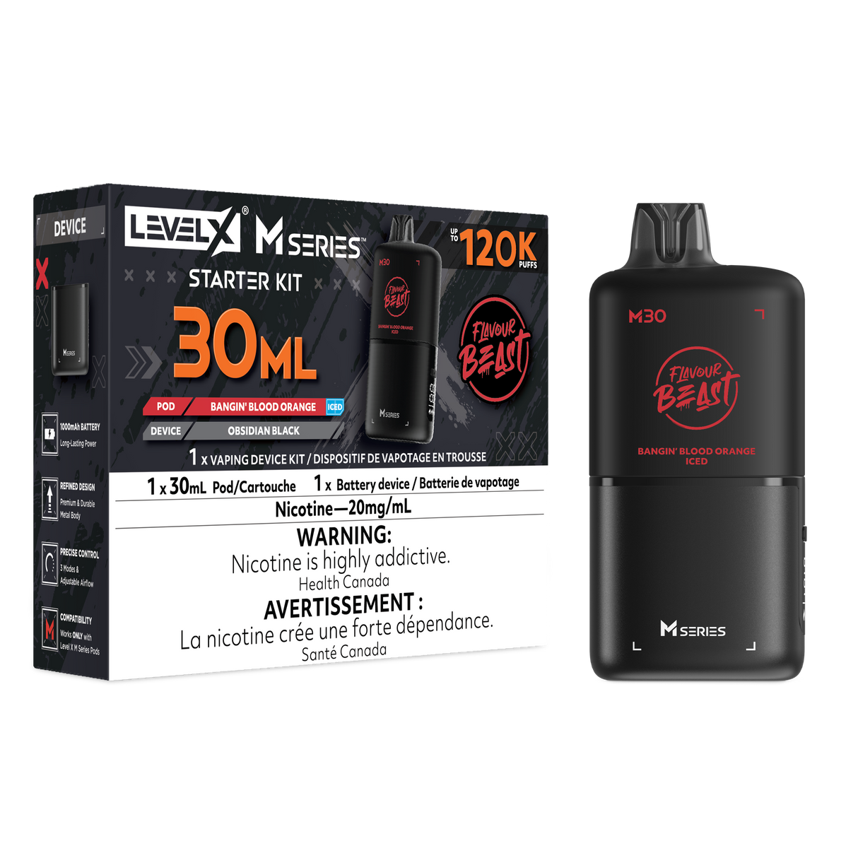 Bangin Blood Orange Iced Level X M Series Starter Kit with 30mL M30 pod and Obsidian Black 1000mAh device