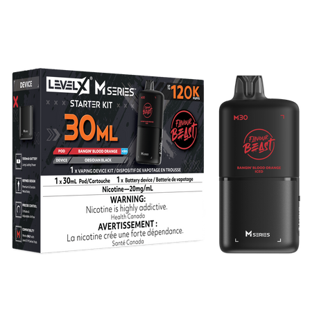 Bangin Blood Orange Iced Level X M Series Starter Kit with 30mL M30 pod and Obsidian Black 1000mAh device