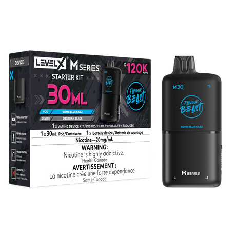 Bomb Blue Razz Level X M Series Starter Kit with tart blue raspberry 30mL M30 pod and Obsidian Black rechargeable device