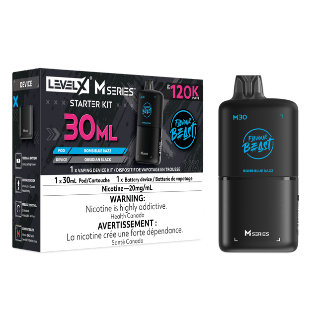 Bomb Blue Razz Level X M Series Starter Kit with tart blue raspberry 30mL M30 pod and Obsidian Black rechargeable device