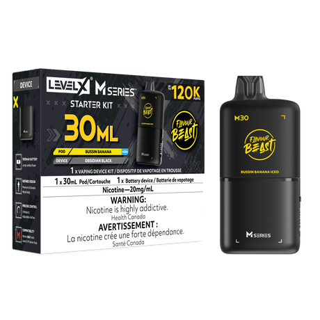 Bussin Banana Iced Level X M Series Starter Kit with 30mL M30 pod and Obsidian Black 1000mAh device