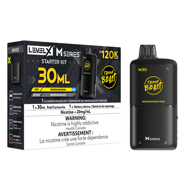 Bussin Banana Iced Level X M Series Starter Kit with 30mL M30 pod and Obsidian Black 1000mAh device