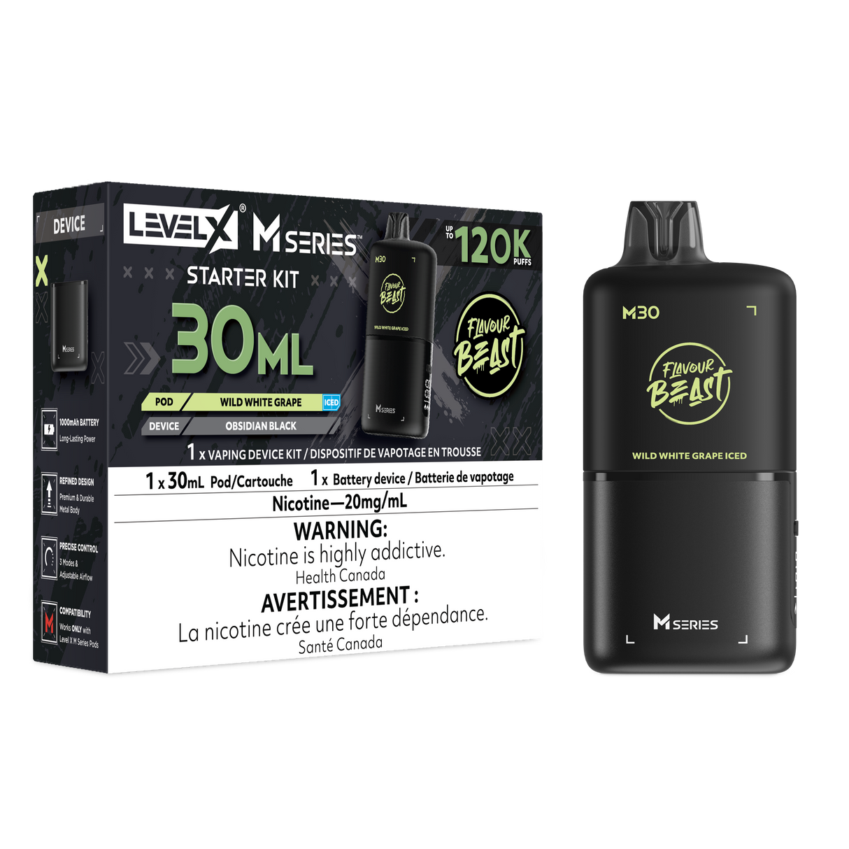Wild White Grape Iced Level X M Series Starter Kit with Obsidian Black 1000mAh device and 30mL M30 pod rated up to 120K puffs
