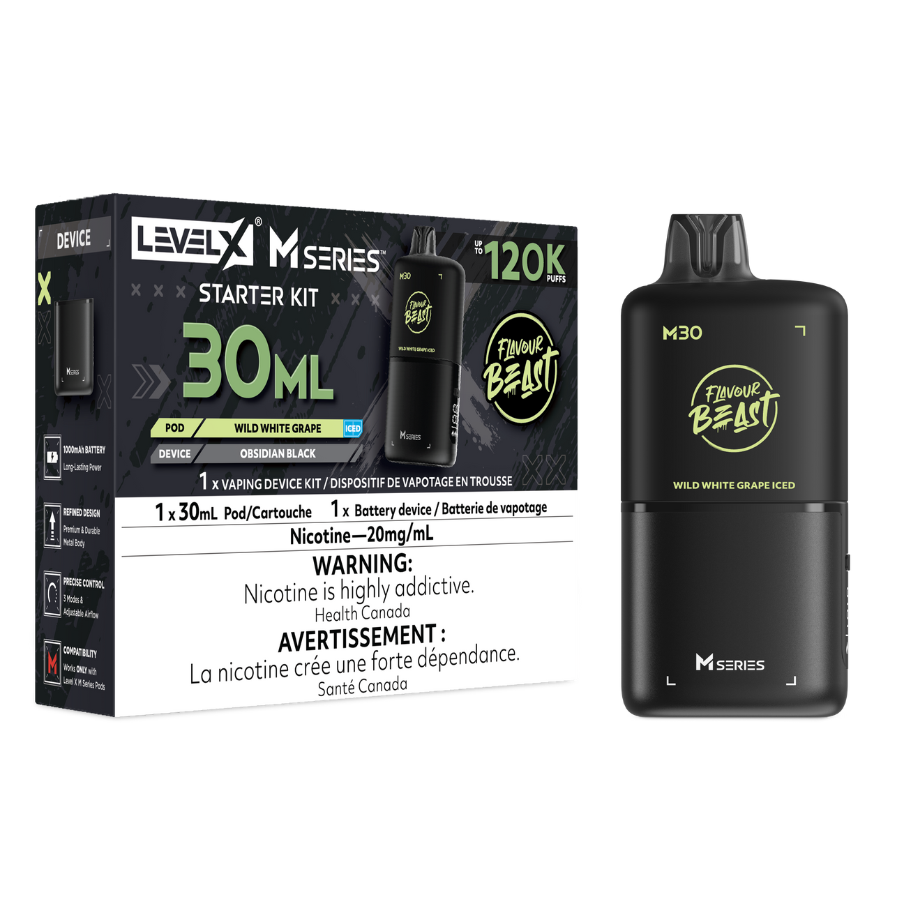 Wild White Grape Iced Level X M Series Starter Kit with Obsidian Black 1000mAh device and 30mL M30 pod rated up to 120K puffs