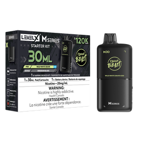 Wild White Grape Iced Level X M Series Starter Kit with Obsidian Black 1000mAh device and 30mL M30 pod rated up to 120K puffs