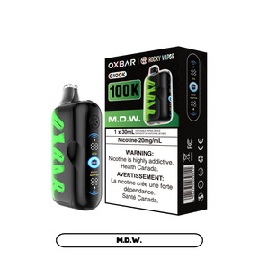 MDW Oxbar Rocky Vapor G100K disposable vape, 100000 puffs, 20mg/mL nicotine, 30mL e-liquid, lemon lime flavour, triple mode, LED screen