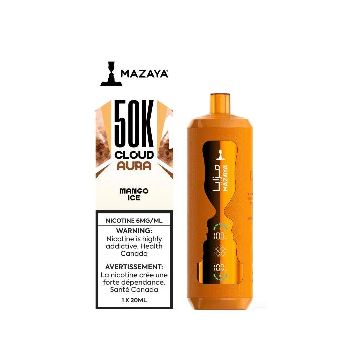 MAZAYA Cloud Aura 50K Mango Ice disposable vape with 50,000 puffs and 20 mL e-liquid in Canada