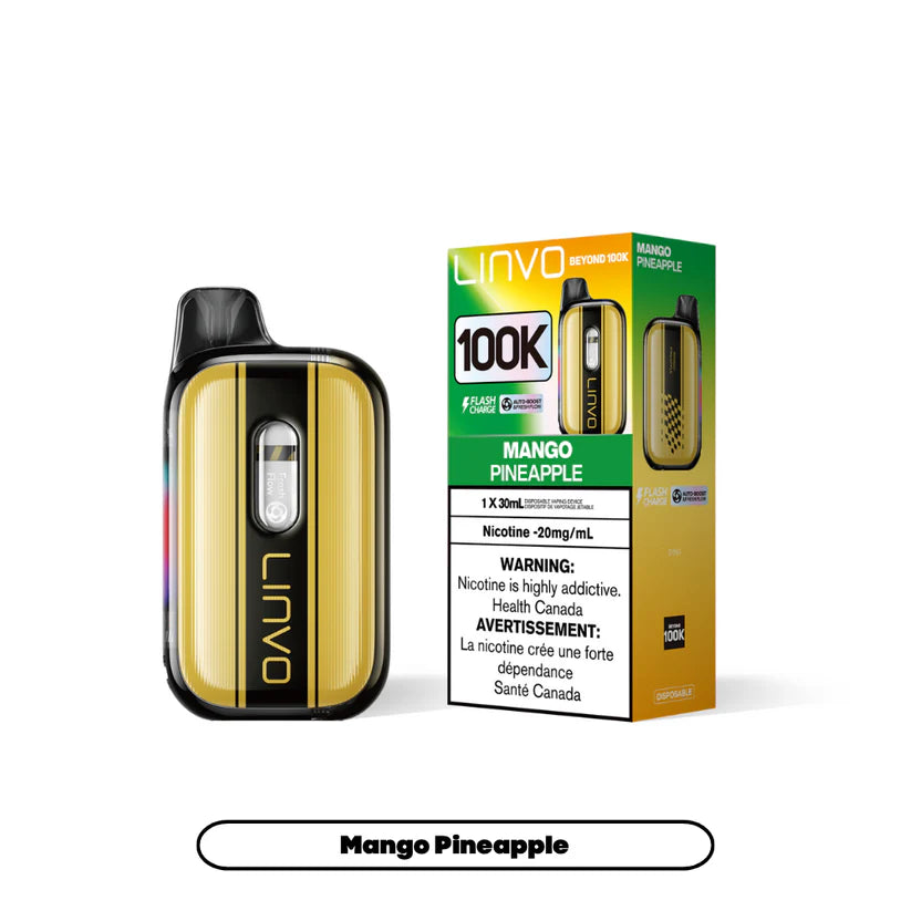 Linvo Beyond 100K Mango Pineapple 100,000 puff disposable vape with AI refill system and dual mode control