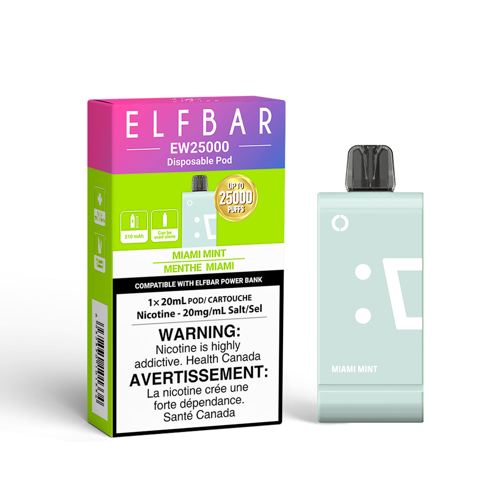 Elfbar EW 25k Disposable Pod Miami Mint 20ml, 20mg/ml nicotine strength, up to 25000 puffs.