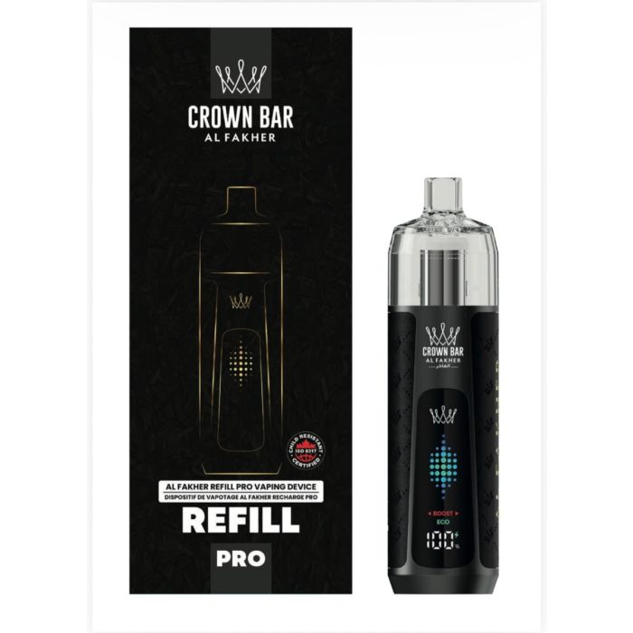 Midnight black Al Fakher Refill Pro Device Kit refillable hookah vape with glossy finish, leather detailing, and illuminated screen.