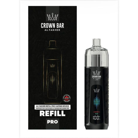 Midnight black Al Fakher Refill Pro Device Kit refillable hookah vape with glossy finish, leather detailing, and illuminated screen.